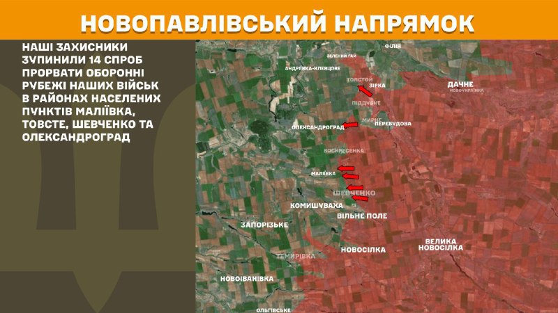 At Novopavlivka direction clashes yesterday near Maliyivka, Tovste, Shevchenko and Oleksandrohrad, - General Staff of Armed Forces of Ukraine reports