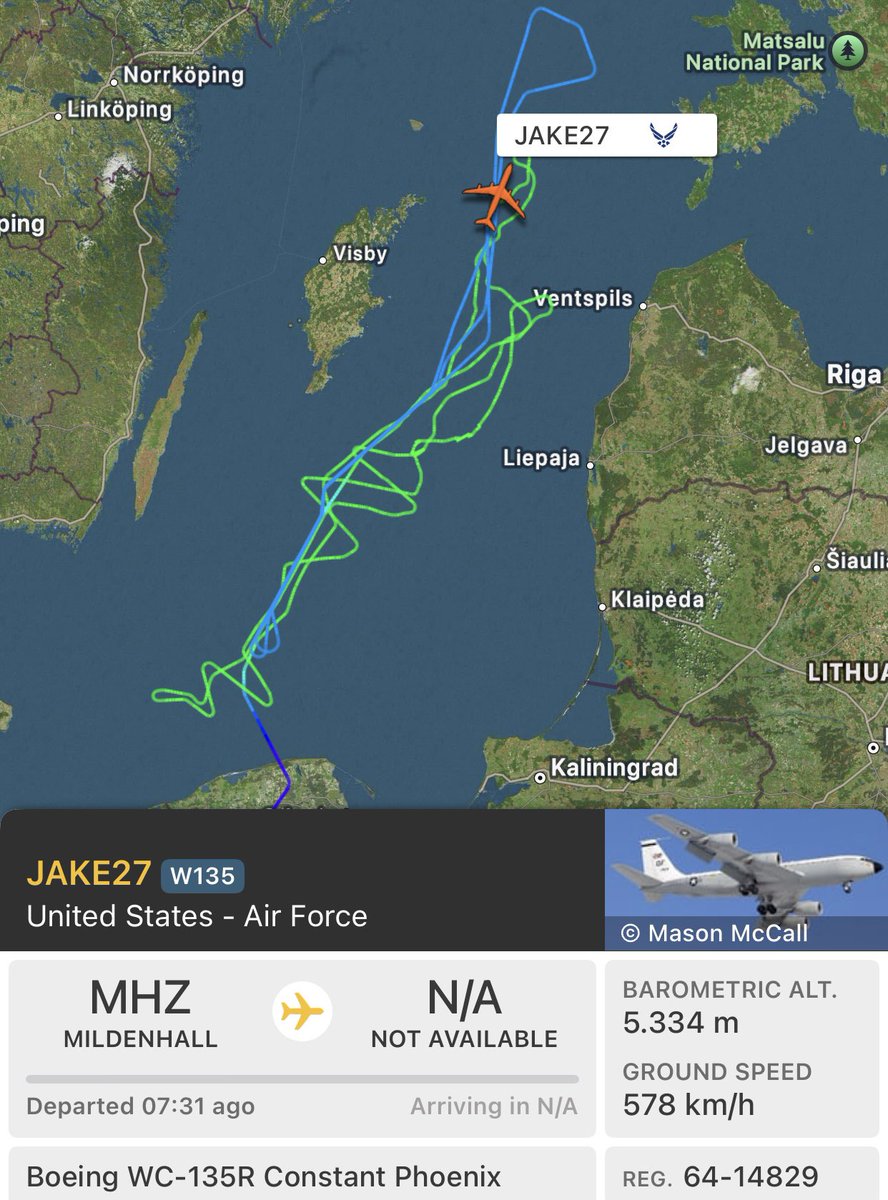 US Air Force spent 7 hours sniffing for nuclear decay today, low over central Baltic Sea. About 5000m NE of Gotland and down to 1500m closer to Kaliningrad. The plane is a highly specialized one. JAKE27 - 64-14829 - AE037F