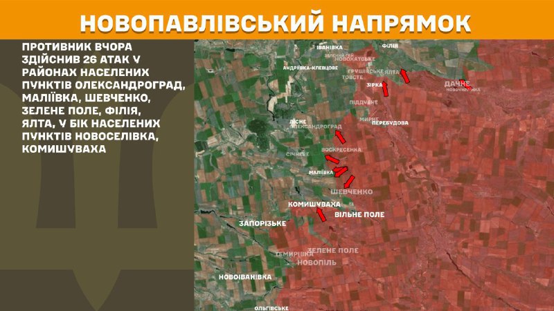 At Novopavlivka direction clashes yesterday near Oleksandrohrad, Maliyivka, Shevchenko, Zelene Pole, Filiya, Yalta, towards Novoselivka, Komyshuvakha, - General Staff of Armed Forces of Ukraine reports