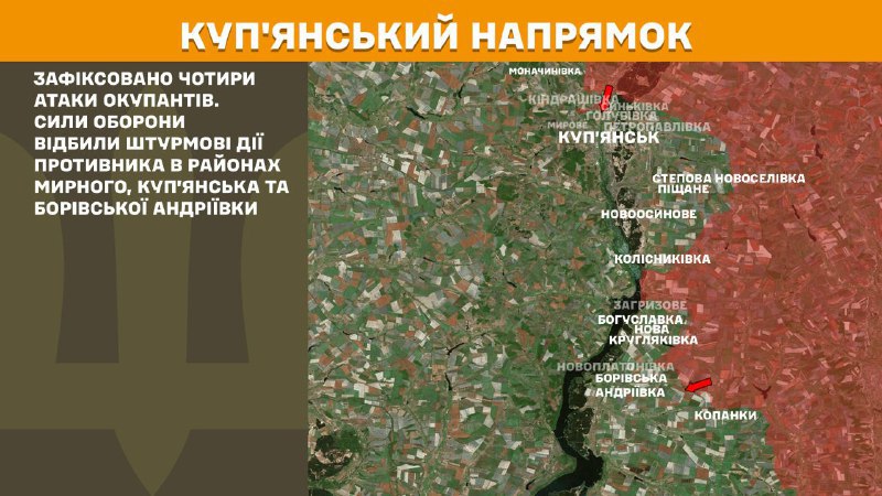 Gisteren vonden er gevechten plaats in de richting van Kupyansk, nabij Myrne, Kupyansk en Borivska Andriyivka, zo meldt de Generale Staf van de Oekraïense Strijdkrachten.