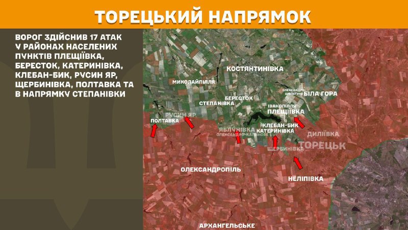 At Toretsk direction clashes yesterday near Pleschiyivka, Berestok, Katerynivka, Kleban-Byk, Rusyn Yar, Scherbynivka, Poltavka and towards Stepanivka, - General Staff of Armed Forces of Ukraine reports