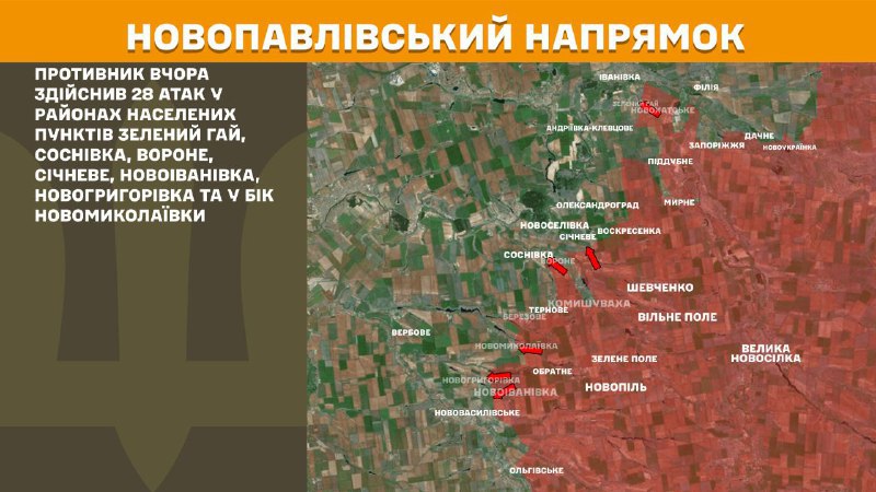 Bij Novopavlivka waren er gisteren botsingen nabij Zelenyy Hay, Sosnivka, Vorone, Sichneve, Novoivanivka, Novohryhorivka en richting Novomykolayivka, zo meldt de Generale Staf van de strijdkrachten van Oekraïne