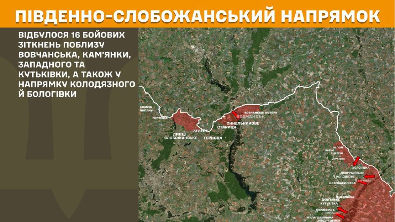 At South Slobozhansky(Kharkiv) direction clashes yesterday near Vovchansk, Kamyanka, Zapadne and Kutkivka, also towards Kolodyazne and Bolohivka, - General Staff of Armed Forces of Ukraine reports