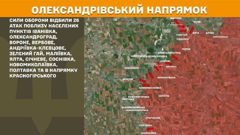 At Oleksandrivka direction clashes yesterday near Ivanivka, Oleksandrohrad, Vorone, Verbove, Andriyivka-Klevtsove, Zelenyy Hay, Maliyivka, Yalta, Sichneve, Sosnivka, Novomykolayivka, Poltavka and towards Krasnohirske, - General Staff of Armed Forces of Ukraine reports