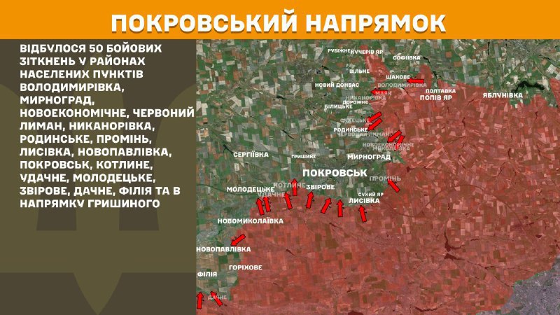 At Pokrovsk direction clashes yesterday near Volodymyrivka, Myrnohrad, Novoekonomichne, Chervonyy Lyman, Nykanorivka, Rodynske, Promin, Lysivka, Novopavlivka, Pokrovsk, Kotlyne, Udachne, Molodetske, Zvirove, Dachne, Filiya and towards Hryshyne, - General Staff of Armed Forces of Ukraine reports
