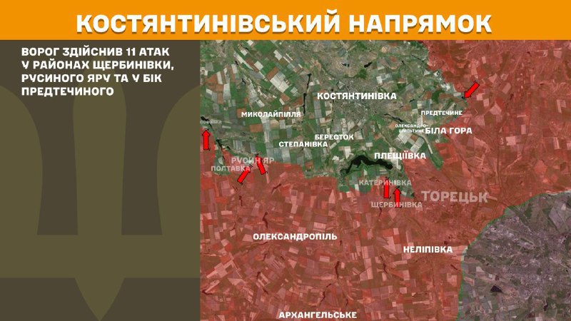 At Kostiantynivka direction clashes yesterday near Scherbynivka, Rusyn Yar and towards Predtechyne, - General Staff of Armed Forces of Ukraine reports