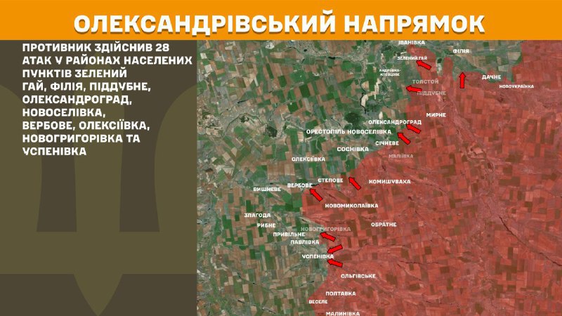 At Oleksandrivka direction clashes yesterday near Zelenyy Hay, Filiya, Piddubne, Oleksandrohrad, Novoselivka, Verbove, Oleksiyivka, Novohryhorivka and Uspenivka, - General Staff of Armed Forces of Ukraine reports