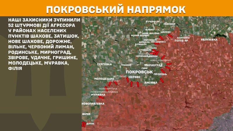 At Pokrovsk direction clashes yesterday near Shakhove, Zatyshok, Nove Shakhove, Dorozhnye, Vilne, Chervonyy Lyman, Rodynske, Myrnohrad, Zvirove, Udachne, Hryshyne, Molodetske, Muravka, Filiya, - General Staff of Armed Forces of Ukraine reports