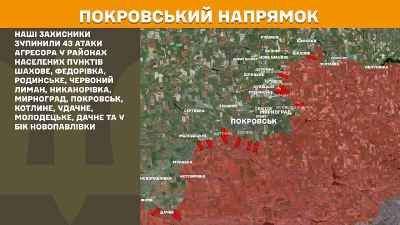 At Pokrovsk direction clashes yesterday near Shakhove, Fedorivka, Rodynske, Chervonyy Lyman, Nykanorivka, Myrnohrad, Pokrovsk, Kotlyne, Udachne, Molodetske, Dachne and towards Novopavlivka, - General Staff of Armed Forces of Ukraine reports