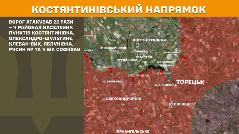At Kostiantynivka direction clashes yesterday near Kostyantynivka, Oleksandro-Shultyne, Kleban-Byk, Yablunivka, Rusyn Yar and towards Sofiyivka, - General Staff of Armed Forces of Ukraine reports
