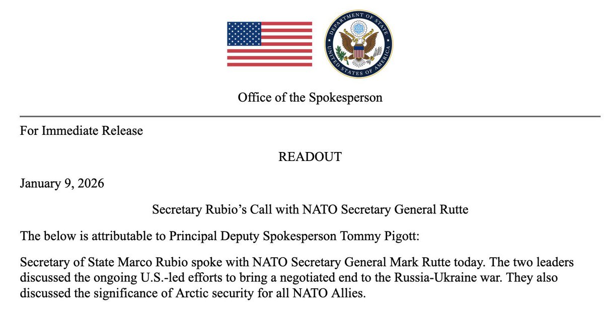 U.S. Secretary of State Marco Rubio spoke today with NATO Secretary General Mark Rutte, to discuss ongoing efforts to end the Russian invasion of Ukraine as well as the significance of Arctic Security for all members of NATO