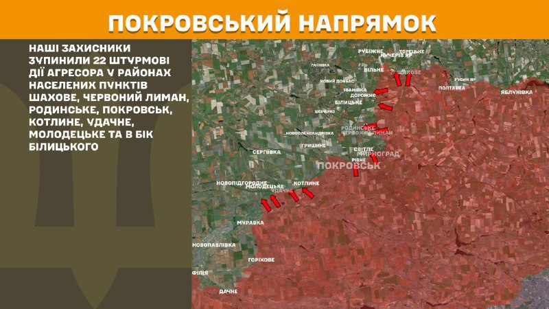 At Pokrovsk direction clashes yesterday near Shakhove, Chervonyy Lyman, Rodynske, Pokrovsk, Kotlyne, Udachne, Molodetske and towards Bilytske, - General Staff of Armed Forces of Ukraine reports