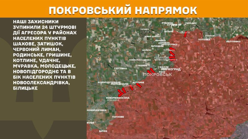 At Pokrovsk direction clashes yesterday near Shakhove, Zatyshok, Chervonyy Lyman, Rodynske, Hryshyne, Kotlyne, Udachne, Muravka, Molodetske, Novopidhorodnye and towards Novooleksandrivka, Bilytske, - General Staff of Armed Forces of Ukraine reports