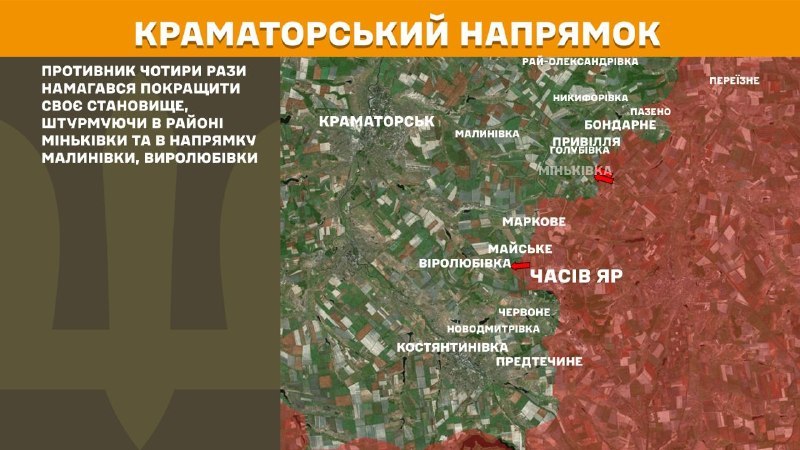 At Kramatorsk direction clashes yesterday near  Minkivka and towards Malynivka, Vyrolubivka, - General Staff of Armed Forces of Ukraine reports