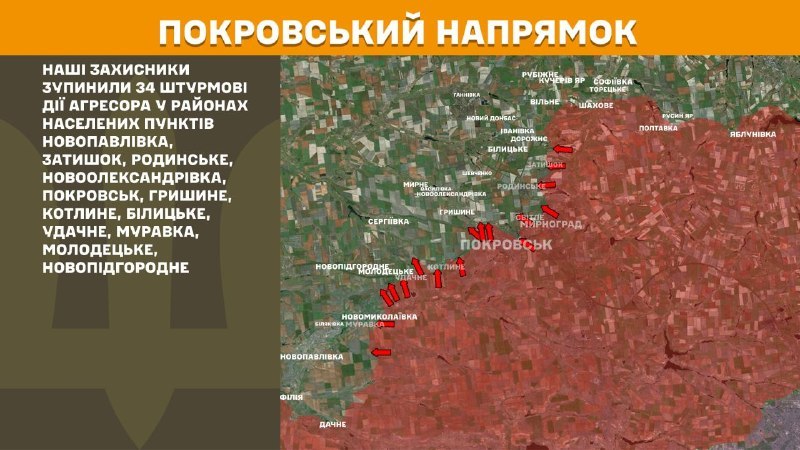 Scontri ieri nella direzione di Pokrovsk vicino a Novopavlivka, Zatyshok, Rodynske, Novooleksandrivka, Pokrovsk, Hryshyne, Kotlyne, Bilytske, Udachne, Muravka, Molodetske, Novopidhorodnie, - riferisce lo Stato Maggiore delle Forze Armate dell'Ucraina