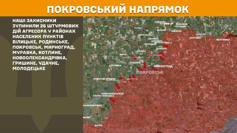 Li Pokrovskê pevçûn duh li nêzîkî Bilytske, Rodynske, Pokrovsk, Myrnohrad, Muravka, Kotlyne, Novooleksandrivka, Hryshyne, Udachne, Molodetske, - Serfermandariya Giştî ya Hêzên Çekdar ên Ukraynayê ragihand.
