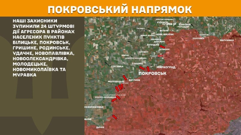In Richtung Pokrowsk kam es gestern zu Zusammenstößen in der Nähe von Bilyzke, Pokrowsk, Hryschyne, Rodynske, Udachne, Nowopawliwka, Nowooleksandriwka, Molodezke, Nowomykolajiwka und Murawka, berichtet der Generalstab der Streitkräfte der Ukraine