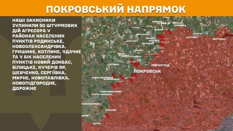 W kierunku Pokrowska doszło wczoraj do starć w okolicach Rodynskiego, Nowooleksandrivki, Hryszynego, Kotłynego, Udachnego oraz w kierunku Nowego Donbasu, Biłyckiego, Kuczeriwskiego Jaru, Szewczenko, Sierhijówki, Myrnego, Nowopawłówki, Nowopidhorodnie, Dorożnego – podaje Sztab Generalny Sił Zbrojnych Ukrainy.