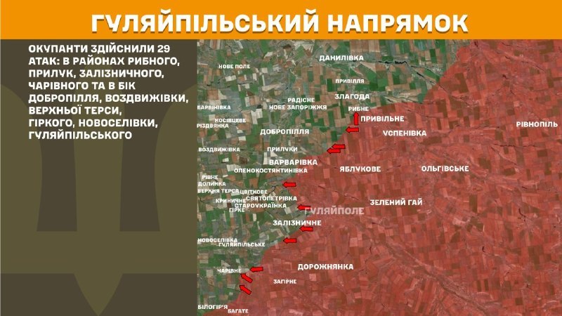 Wczoraj na Huliaipolu starły się kierunki w okolicach Rybnego, Pryluky, Zaliznychne, Chariwne oraz w kierunku Dobropillya, Wozdwyżiwka, Wierchna Tersa, Hirke, Nowoseliwka, Huliaipilske, - podaje Sztab Generalny Sił Zbrojnych Ukrainy