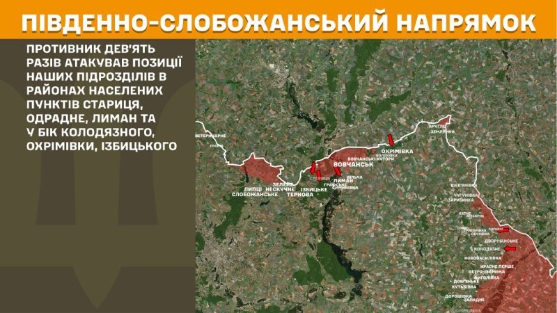 Na Południowym Słobożańskim (Charków) doszło wczoraj do starć kierunkowych w okolicach Staricy, Odradnego, Łymana i w kierunku Kołodiazne, Ochrimiwki, Izbytske – podaje Sztab Generalny Sił Zbrojnych Ukrainy