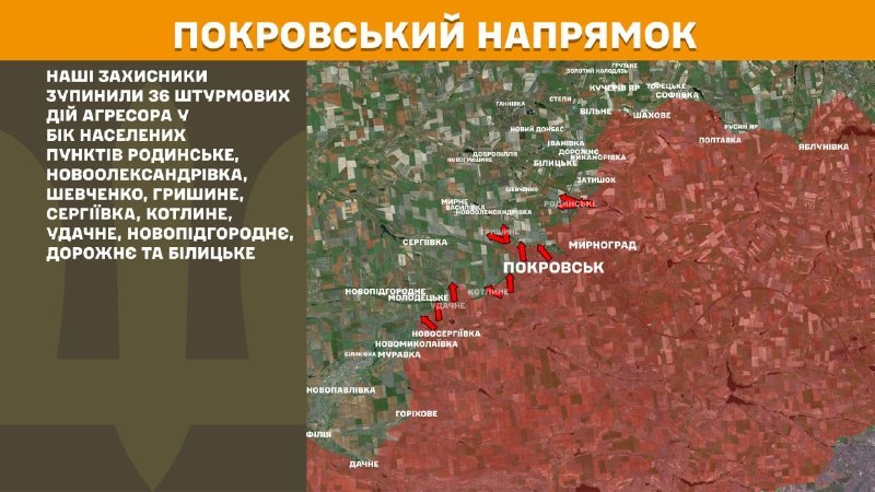 На Пакроўскім напрамку ўчора адбыліся баявыя дзеянні ў раёне Радзінскага, Новааляксандраўкі, Шаўчэнкі, Грышына, Сергіеўкі, Котлінага, Удачнага, Навапідгародняга, Дарожнага і Біліцкага, - паведамляе Генштаб Узброеных сіл Украіны