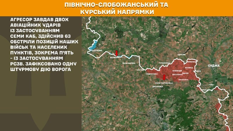 Генеральны штаб Узброеных сіл Украіны паведамляе, што на Курскай і Паўночна-Слабажанскім (Сумскім) напрамках украінскія войскі адбілі адзін наступ расійскай арміі.